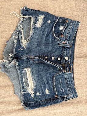 Levi's 501 Dark Blue Distressed Button-Fly Jean Shorts